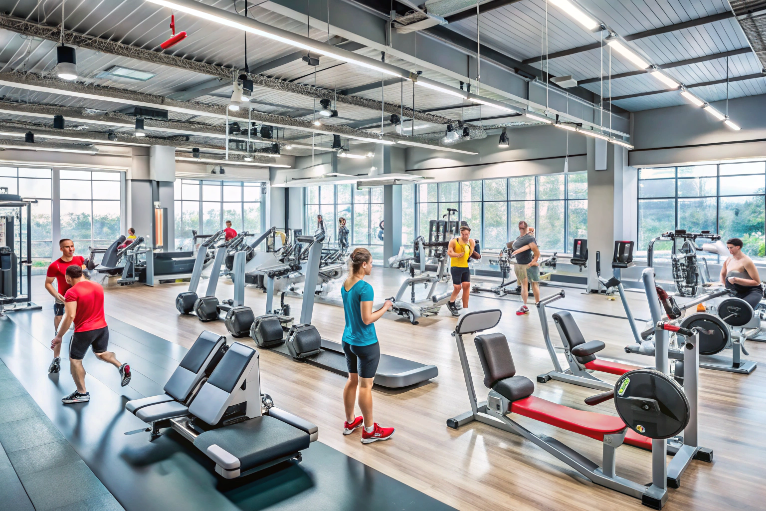 Una sala per ginnastica moderna con attrezzature varie, persone che si allenano su macchine cardio e con pesi, ambiente luminoso e pulito, senza segni o scritte visibili