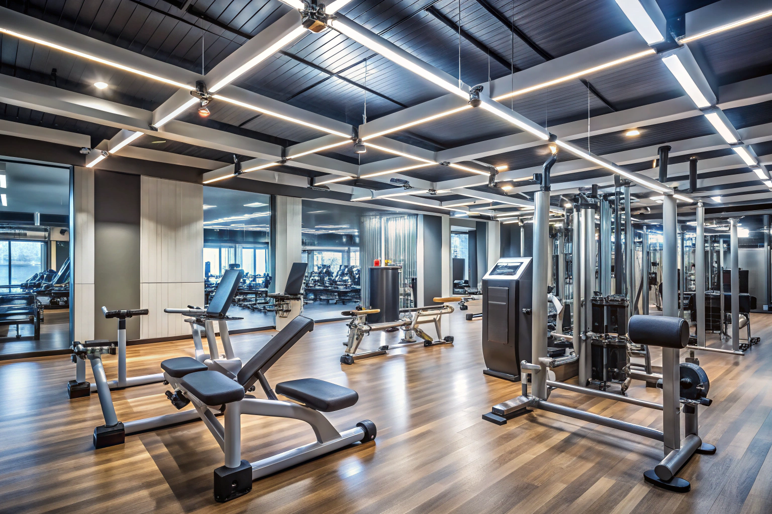Interno di una sala di ginnastica moderna con attrezzature fitness varie, nessuna persona o marchio visibile, illuminazione soft e spazio ampio