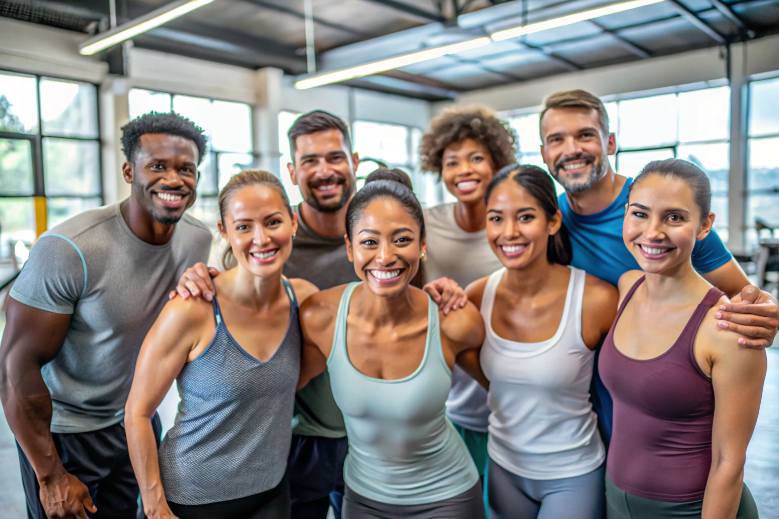 Un gruppo eterogeneo di persone sorridenti in abbigliamento sportivo, riunite in una palestra luminosa con attrezzature minimaliste, che simboleggia teamwork e dedizione alla salute