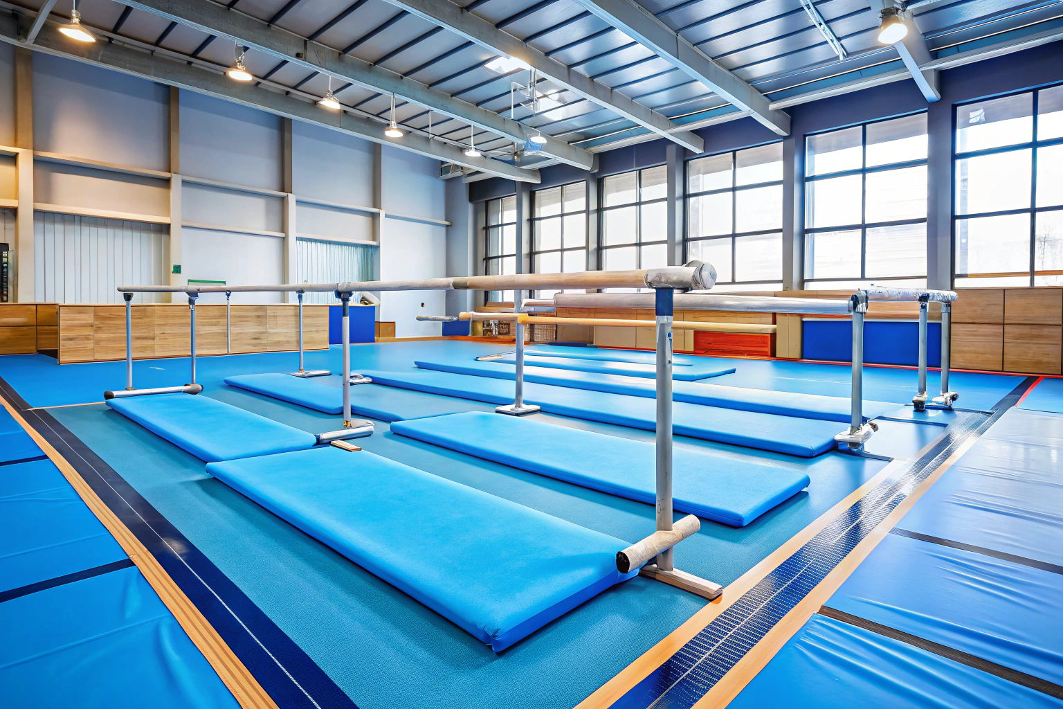 Una sala di ginnastica con tappetini blu disposti sul pavimento, barre parallele metalliche in primo piano, e uno sfondo neutro senza scritte o marchi