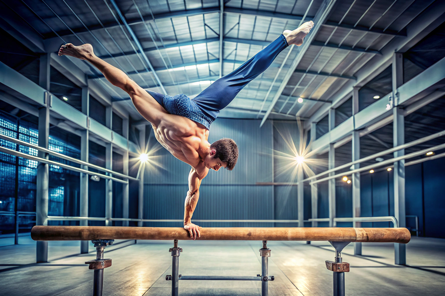 A gymnast performing a handstand on parallel bars in a modern gym, with no text or logos, showcasing strength and focus