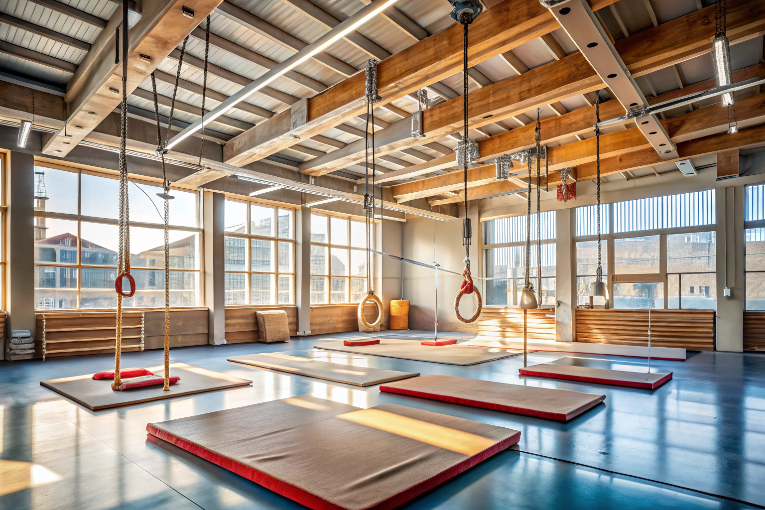 Una sala per ginnastica vuota con attrezzi come travi di equilibrio, tappetini e anelli appesi, illuminata da luce naturale che entra da grandi finestre, senza persone o elementi di branding, creando un ambiente sereno e professionale